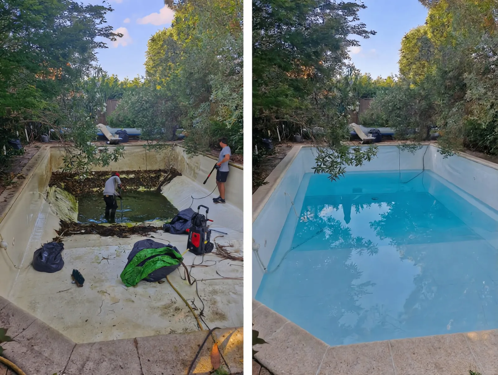 Avant / après : bassin nettoyé au karcher par Jardin de Gironde